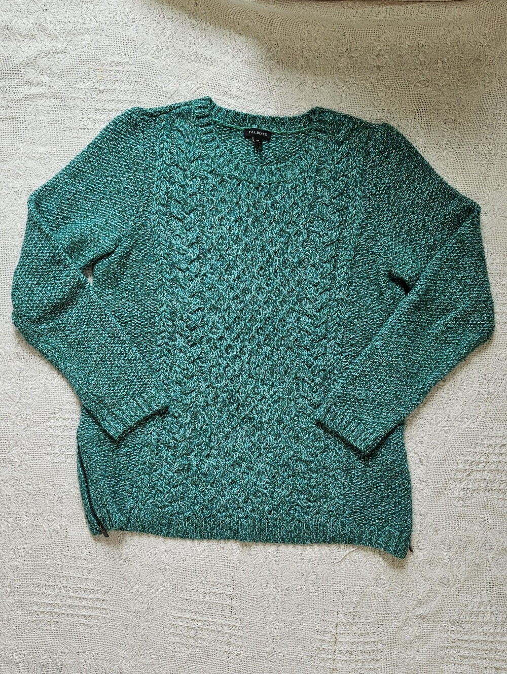 Talbots Merino Wool Blend Green Crew Neck Fisherman Core Sweater Womens M